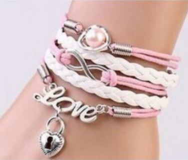 B170 Light Pink & White Heart Locket Leather Layer Bracelet - Iris Fashion Jewelry