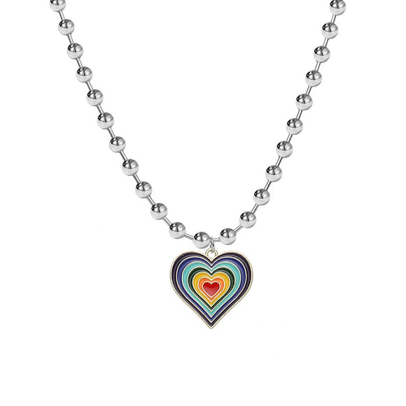 N1701 Silver Rainbow Heart Ball Chain Necklace with FREE Earrings - Iris Fashion Jewelry
