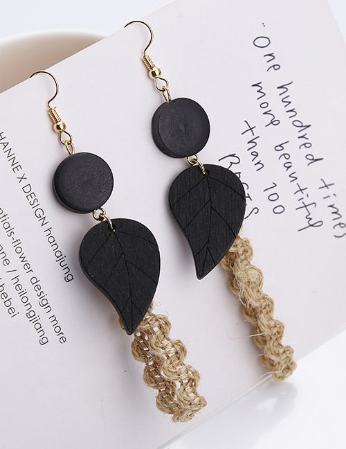 E1734 Gold Black Wooden Leaf Fabric Accent Earrings - Iris Fashion Jewelry