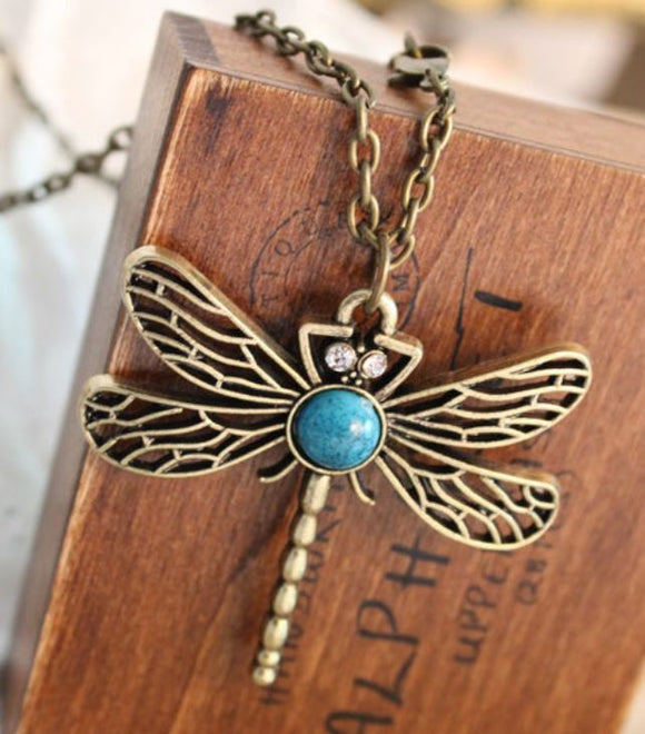 N854 Bronze Dragonfly Teal Crackle Stone Necklace with FREE EARRINGS - Iris Fashion Jewelry