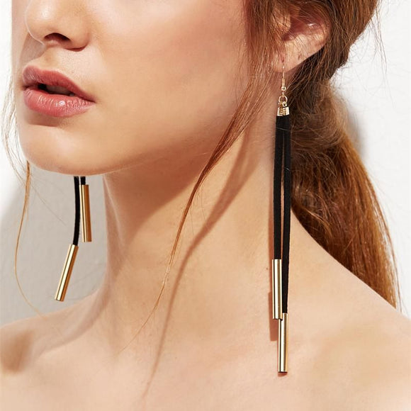E340 Gold Black Leather Like Dangle Earrings - Iris Fashion Jewelry