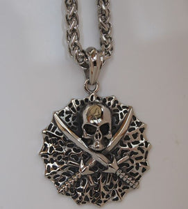 N547 Silver Skulls with Swords Pendant Necklace - Iris Fashion Jewelry
