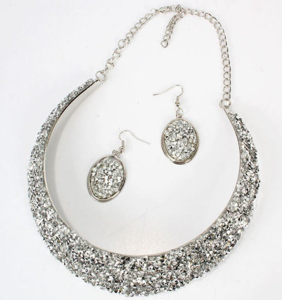 +N850 Silver Rhinestone Bib Style Necklace with FREE Earrings - Iris Fashion Jewelry