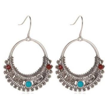 E889 Silver Turquoise Stone Decorated Earrings - Iris Fashion Jewelry