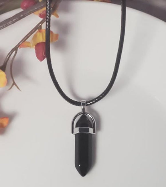 N1159 Silver Black Imitation Stone on Leather Cord Necklace FREE Earrings - Iris Fashion Jewelry
