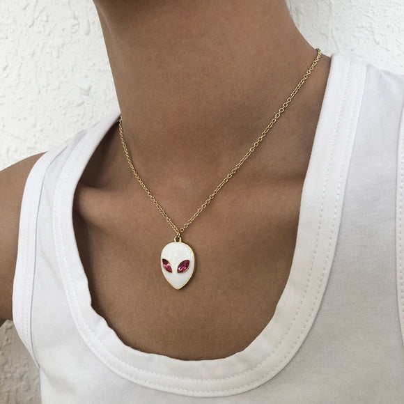 N785 Gold White Enamel Pink Gemstone Alien Necklace with FREE Earrings - Iris Fashion Jewelry