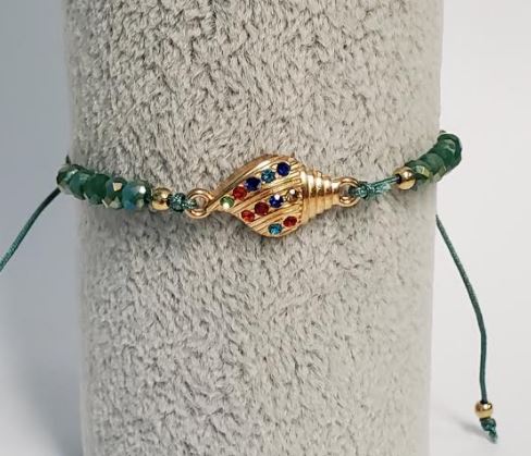 *B737 Sage Green Cord Bead Multi Color Rhinestone Conch Shell Bracelet - Iris Fashion Jewelry