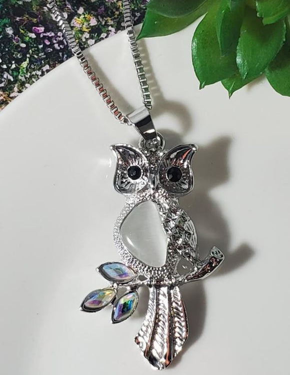 N445 Silver Moonstone Iridescent Rhinestone Owl Necklace with FREE Earrings - Iris Fashion Jewelry