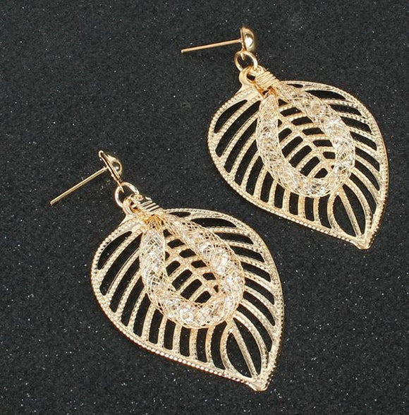 E338 Gold Textured Leaf Gem Filled Mesh Earrings - Iris Fashion Jewelry