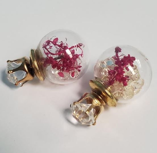 *E695 Gold Rhinestone Hot Pink Vine Clear Gem Filled Double Ball Earrings - Iris Fashion Jewelry