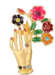 F101 Gold Hand Holding Flower Bouquet Fashion Pin - Iris Fashion Jewelry