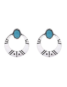 E1458 Silver Round Textured Turquoise Stone Earrings - Iris Fashion Jewelry