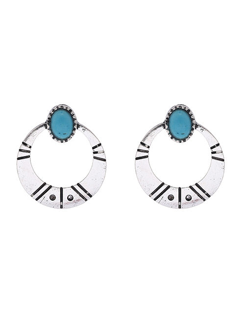 E1458 Silver Round Textured Turquoise Stone Earrings - Iris Fashion Jewelry