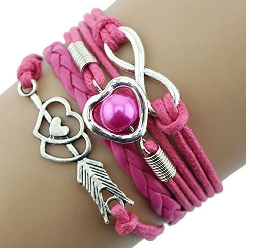 B68 Hot Pink Hearts & Arrow Leather Layered Bracelet - Iris Fashion Jewelry