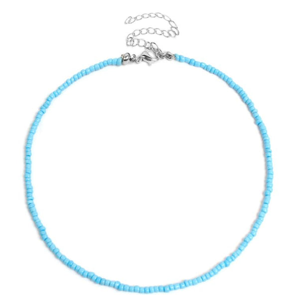 N685 Silver Light Blue Seed Bead Choker Necklace with FREE Earrings - Iris Fashion Jewelry