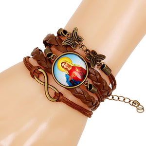 B689 Brown Leather Layered Virgin Mary Bracelet - Iris Fashion Jewelry