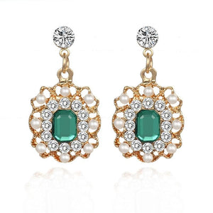 E1432 Gold Pearl & Rhinestones Green Rectangle Gemstone Earrings - Iris Fashion Jewelry