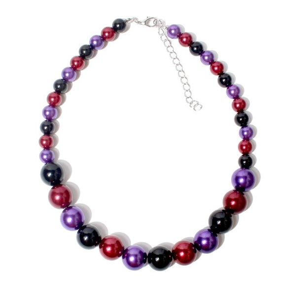 N1932 Silver Black Purple Burgundy Pearl Bead Necklace With Free Earrings - Iris Fashion Jewelry