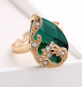 AR35 Gold Green Gemstone Peacock Adjustable Ring - Iris Fashion Jewelry