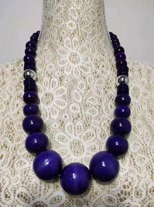 N1051 Purple Large Wooden Bead Silver Accent Necklace with FREE Earrings - Iris Fashion Jewelry