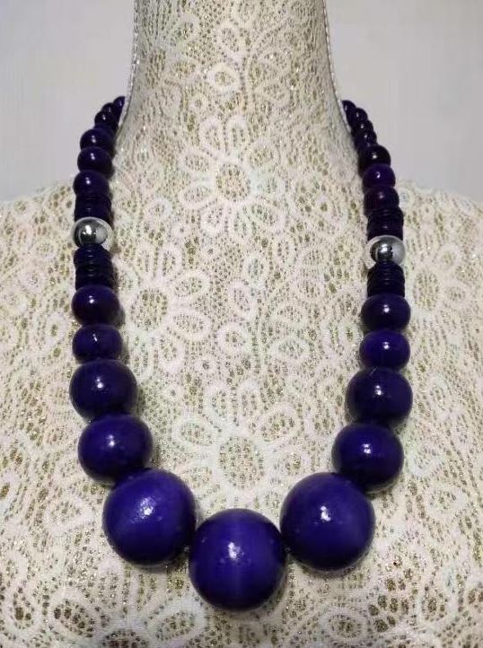 N1051 Purple Large Wooden Bead Silver Accent Necklace with FREE Earrings - Iris Fashion Jewelry