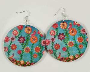 E1250 Large Round Wooden Flowers Earrings - Iris Fashion Jewelry