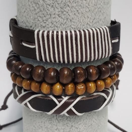 B196 Brown Leather White Cord Wood Bead Bracelet Set - Iris Fashion Jewelry