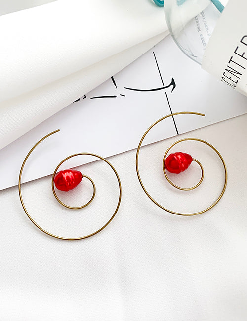 E1134 Gold Red Bead Spiral Earrings - Iris Fashion Jewelry