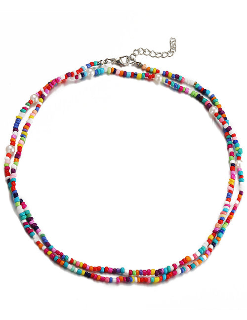 N1139 Silver Multi Color Seed Bead & Pearl Necklace with FREE Earrings - Iris Fashion Jewelry