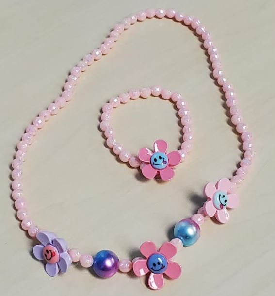 L403 Iridescent Pink Bead Daisy Necklace & Bracelet Set - Iris Fashion Jewelry