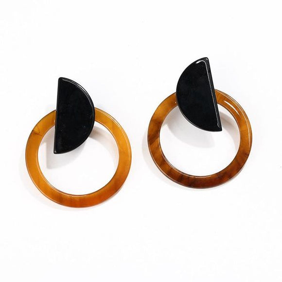 E904 Brown Round Black Half Circle Acrylic Earrings - Iris Fashion Jewelry