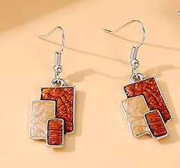 E937 Silver Orange & Beige Baked Enamel Geometric Earrings - Iris Fashion Jewelry