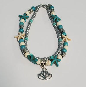 B85 Silver & Turquoise Starfish & Lotus Ankle Bracelet - Iris Fashion Jewelry
