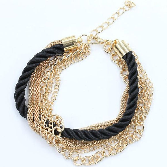 B804 Gold Multi Layer Black Rope Chain Bracelet - Iris Fashion Jewelry