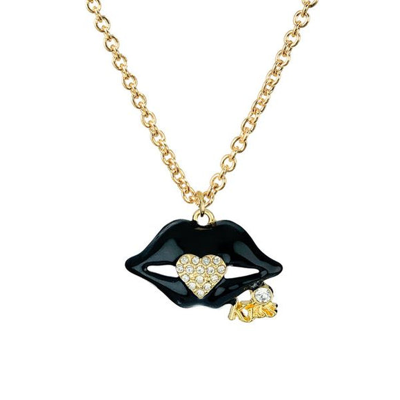N535 Gold Baked Enamel Black Lips Rhinestone Heart Necklace with FREE Earrings - Iris Fashion Jewelry
