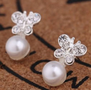 E192 Silver Rhinestone Butterfly Pearl Earrings - Iris Fashion Jewelry
