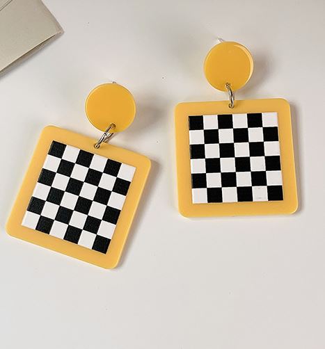 E1647 Yellow Black & White Checkerboard Acrylic Earrings - Iris Fashion Jewelry