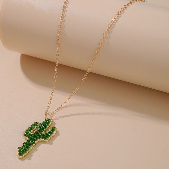 N1297 Gold Green Beads and Wire Cactus Necklace With FREE Earrings - Iris Fashion Jewelry