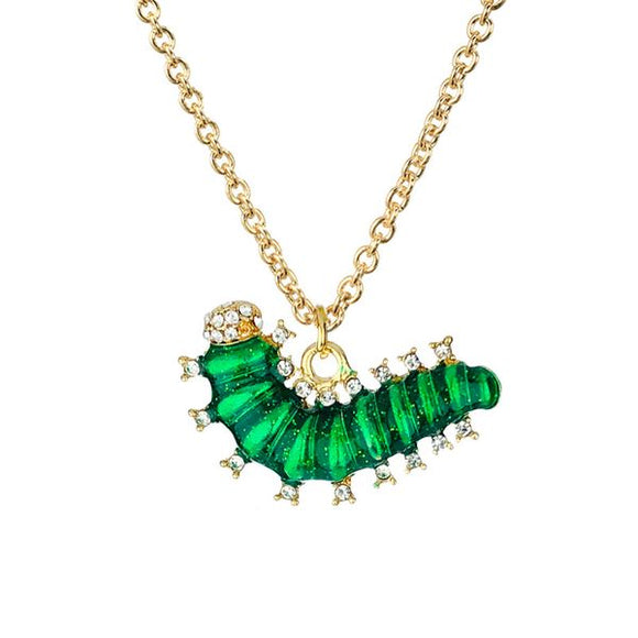 N1512 Baked Enamel Dark Green Caterpillar with Glitter & Rhinestones Necklace with Free Earrings - Iris Fashion Jewelry