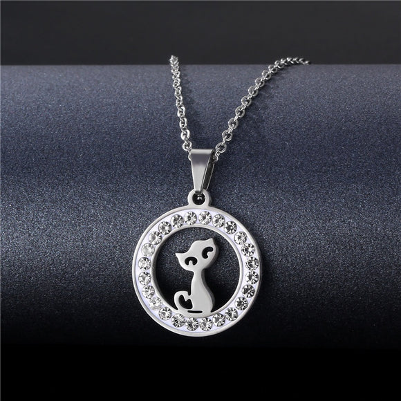 N790 Silver Round Rhinestone Cat Necklace FREE Earrings - Iris Fashion Jewelry
