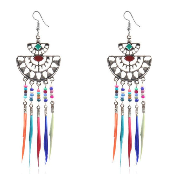 E991 Silver Multi Color Feather & Bead Tassel Earrings - Iris Fashion Jewelry