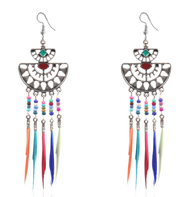 E991 Silver Multi Color Feather & Bead Tassel Earrings