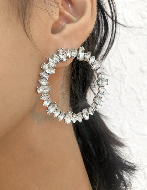 E1586 Large Silver Rhinestone Circle Earrings - Iris Fashion Jewelry
