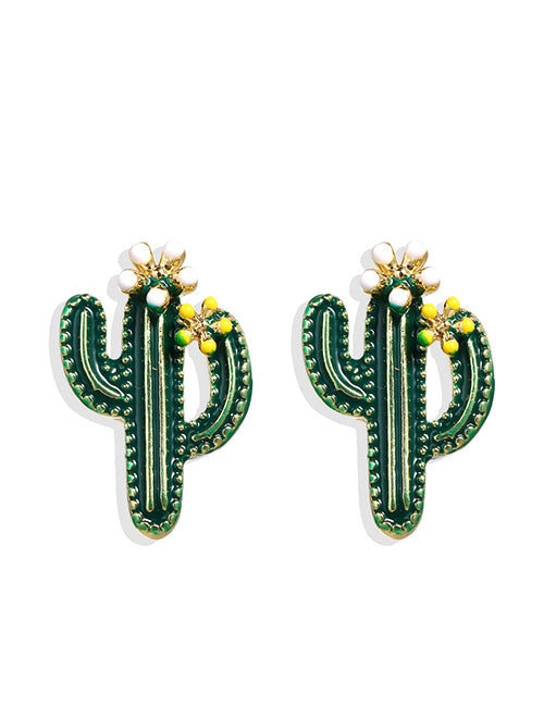 E1534 Gold Green Baked Enamel Cactus Earrings - Iris Fashion Jewelry