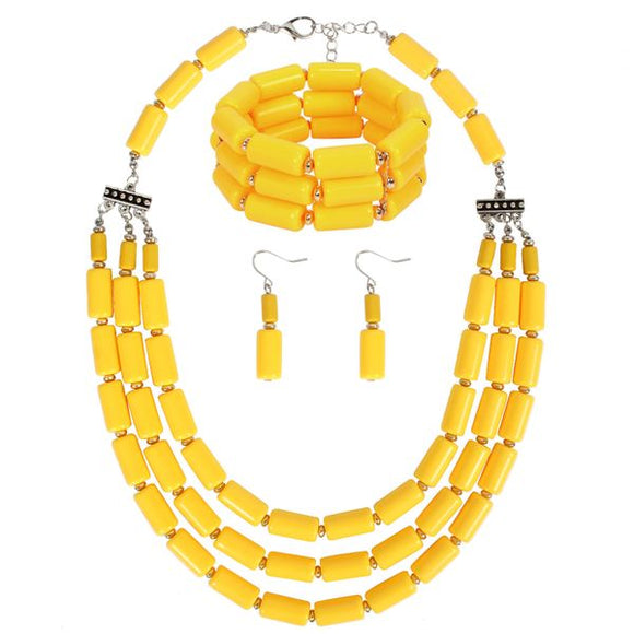 N1924 Silver Yellow Bead Statement Necklace with FREE Earrings and Bracelet - Iris Fashion Jewelry