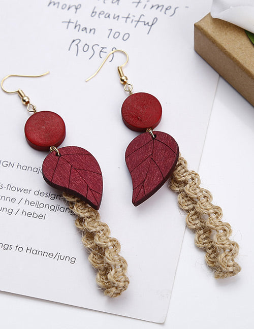 E1733 Gold Red Wooden Leaf Fabric Accent Earrings - Iris Fashion Jewelry
