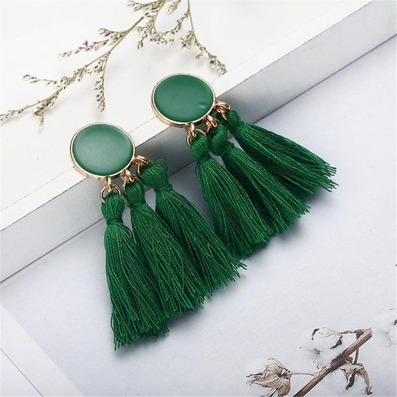 E1346 Green Baked Enamel Circle Triple Tassel Earrings - Iris Fashion Jewelry