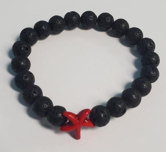 B897 Black Lava Stone Red Starfish Bead Bracelet - Iris Fashion Jewelry