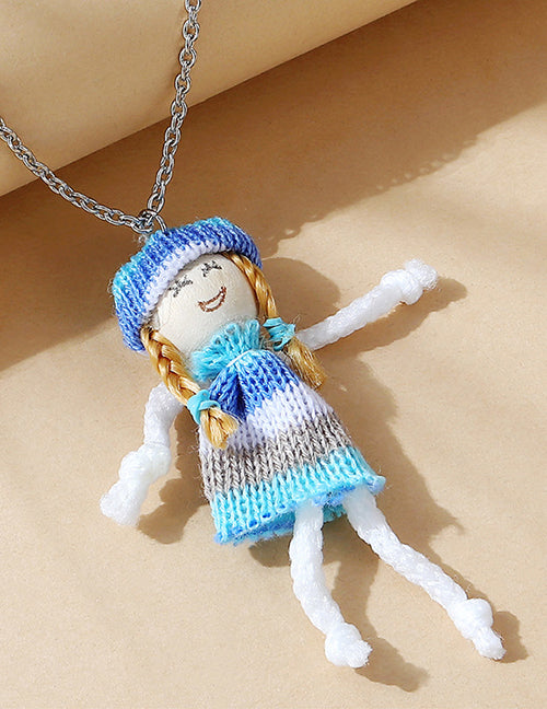 L411 Silver Blue Knitted Doll Necklace FREE EARRINGS - Iris Fashion Jewelry