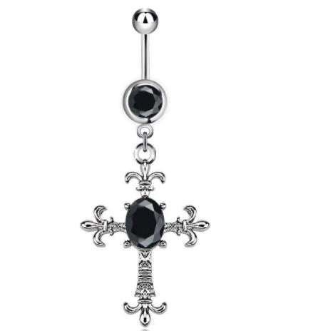 P53 Silver Black Gem Cross Belly Button Ring - Iris Fashion Jewelry